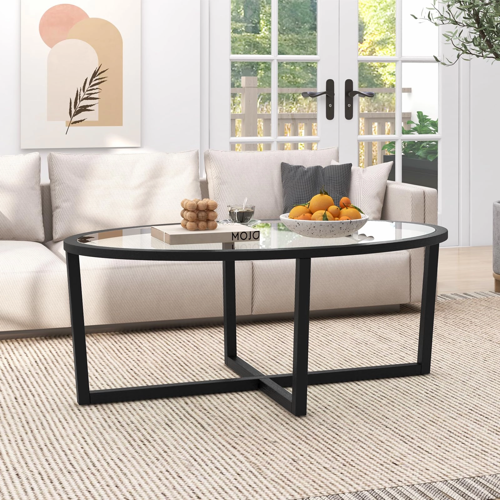 Giantex Glass Coffee Table, 46.5" Oval Accent Sofa Tea Table with Tempered Glass Top, Cross Base & Acacia Wood Legs