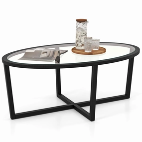 Giantex Glass Coffee Table, 46.5" Oval Accent Sofa Tea Table with Tempered Glass Top, Cross Base & Acacia Wood Legs console table, hallway table