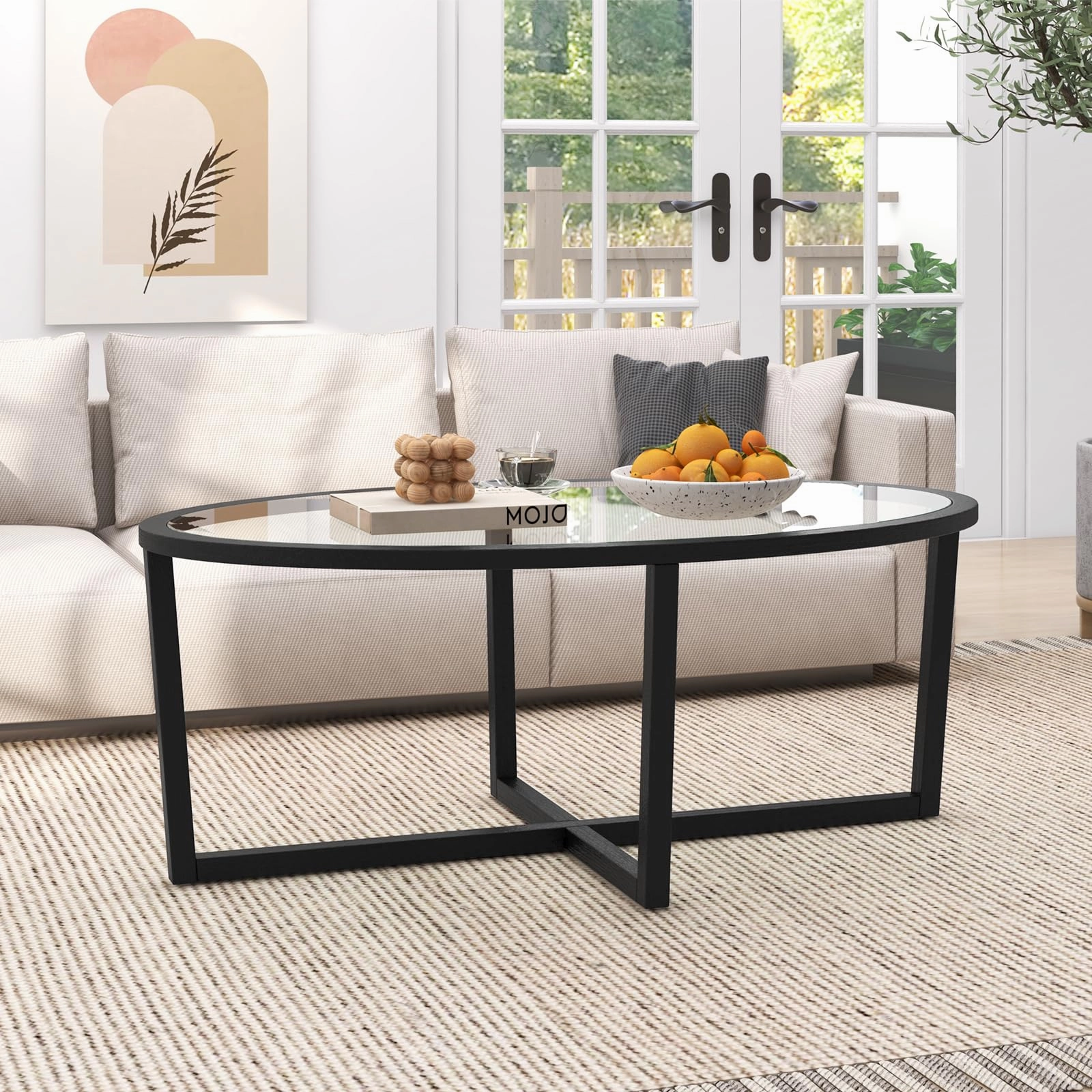 Giantex Glass Coffee Table, 46.5" Oval Accent Sofa Tea Table with Tempered Glass Top, Cross Base & Acacia Wood Legs