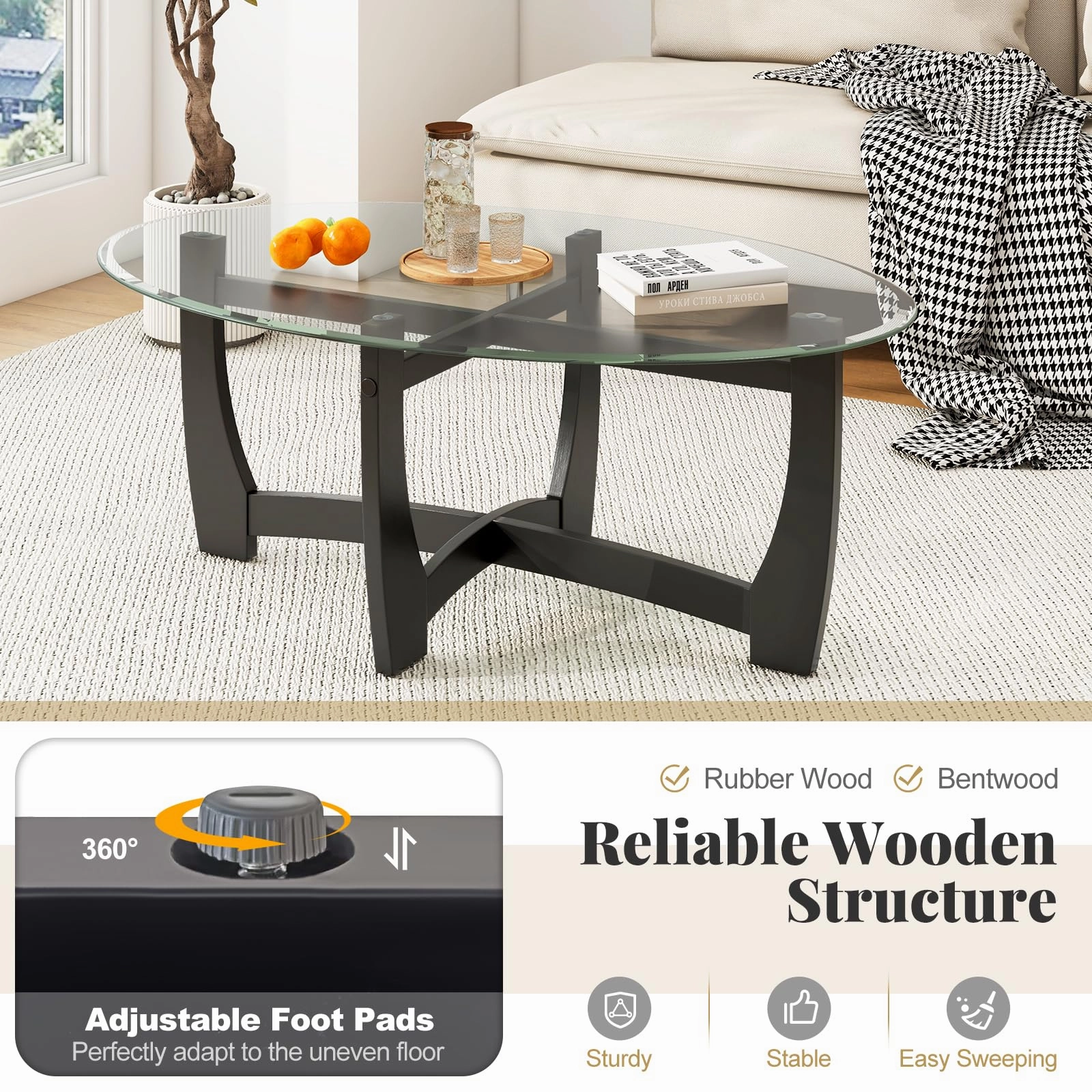 Giantex Glass Coffee Table, 48" Oval Accent Tea Table with Tempered Glass Top & Solid Wood Structure