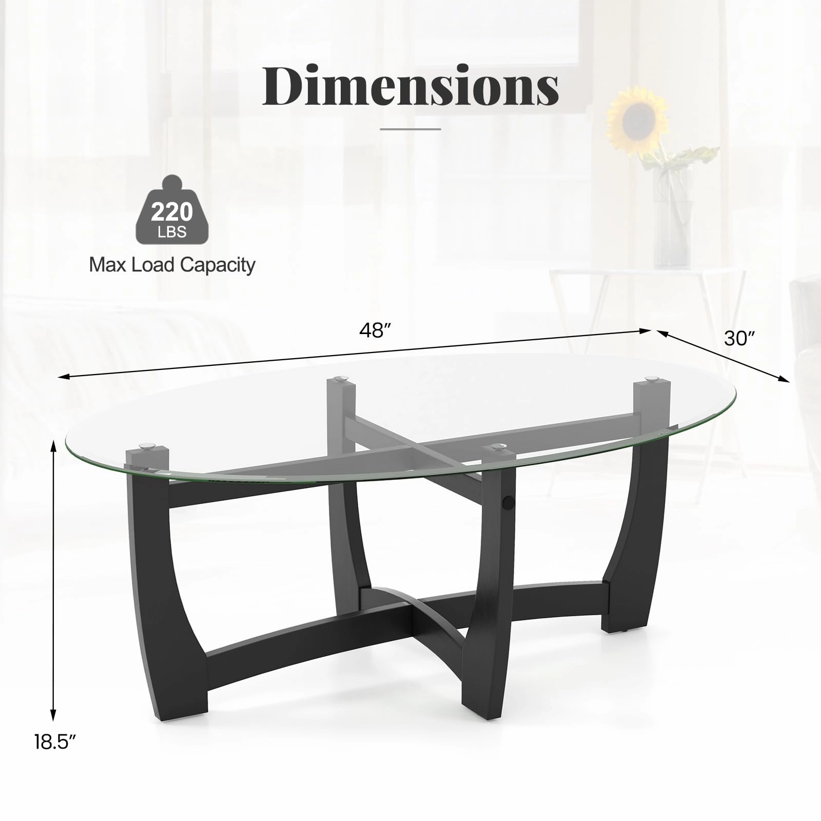 Giantex Glass Coffee Table, 48" Oval Accent Tea Table with Tempered Glass Top & Solid Wood Structure