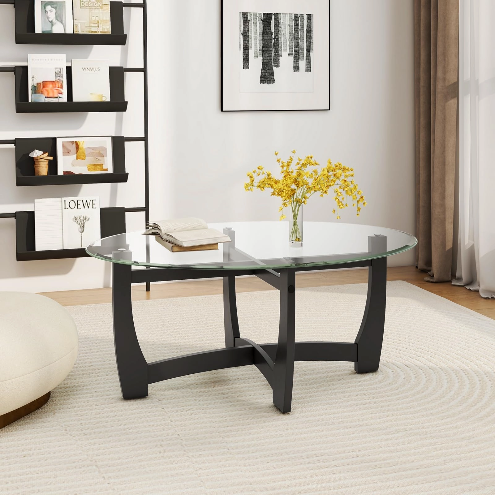 Giantex Glass Coffee Table, 48" Oval Accent Tea Table with Tempered Glass Top & Solid Wood Structure