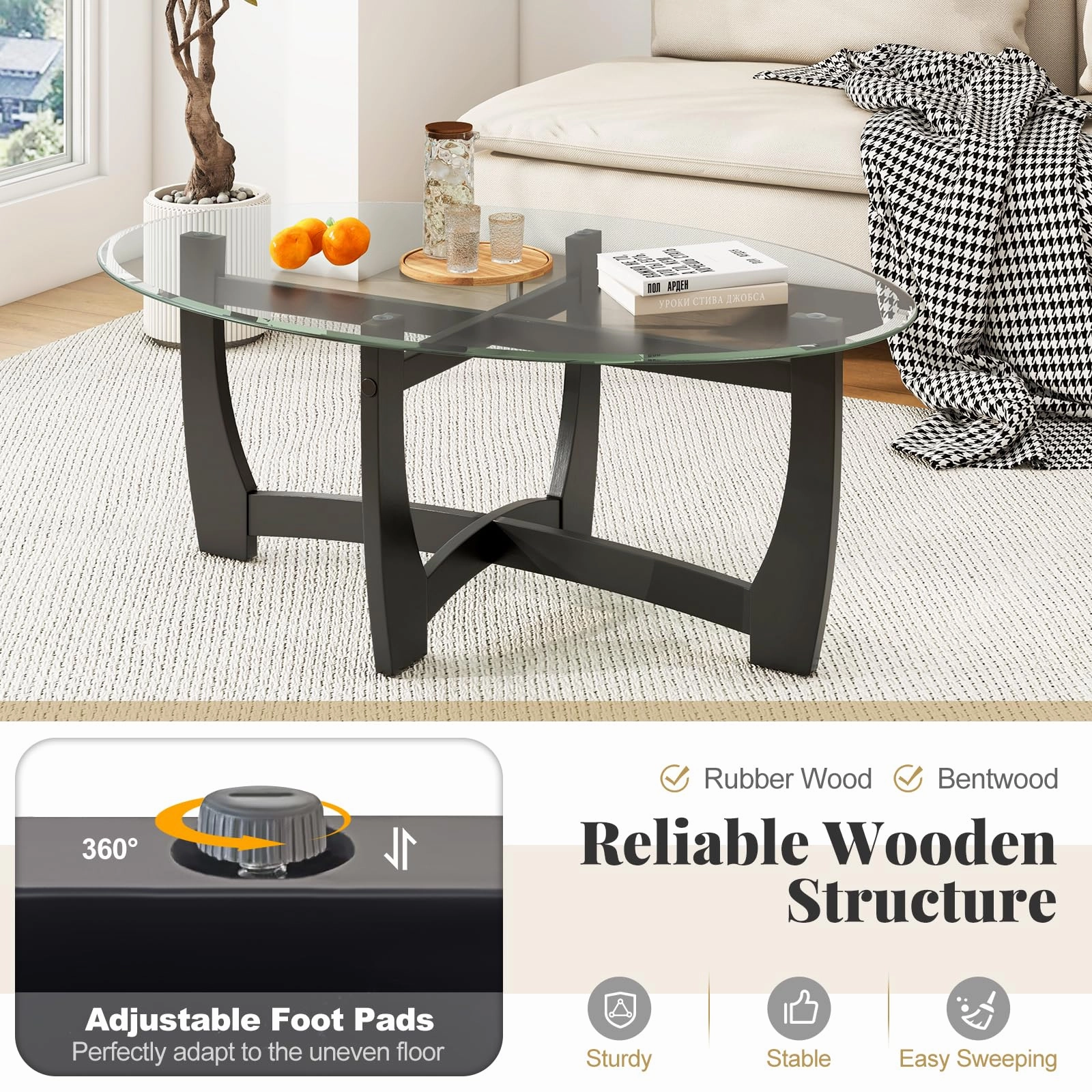 Giantex Glass Coffee Table, 48" Oval Accent Tea Table with Tempered Glass Top & Solid Wood Structure