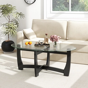 Giantex Glass Coffee Table, 48" Oval Accent Tea Table with Tempered Glass Top & Solid Wood Structure console table, hallway table