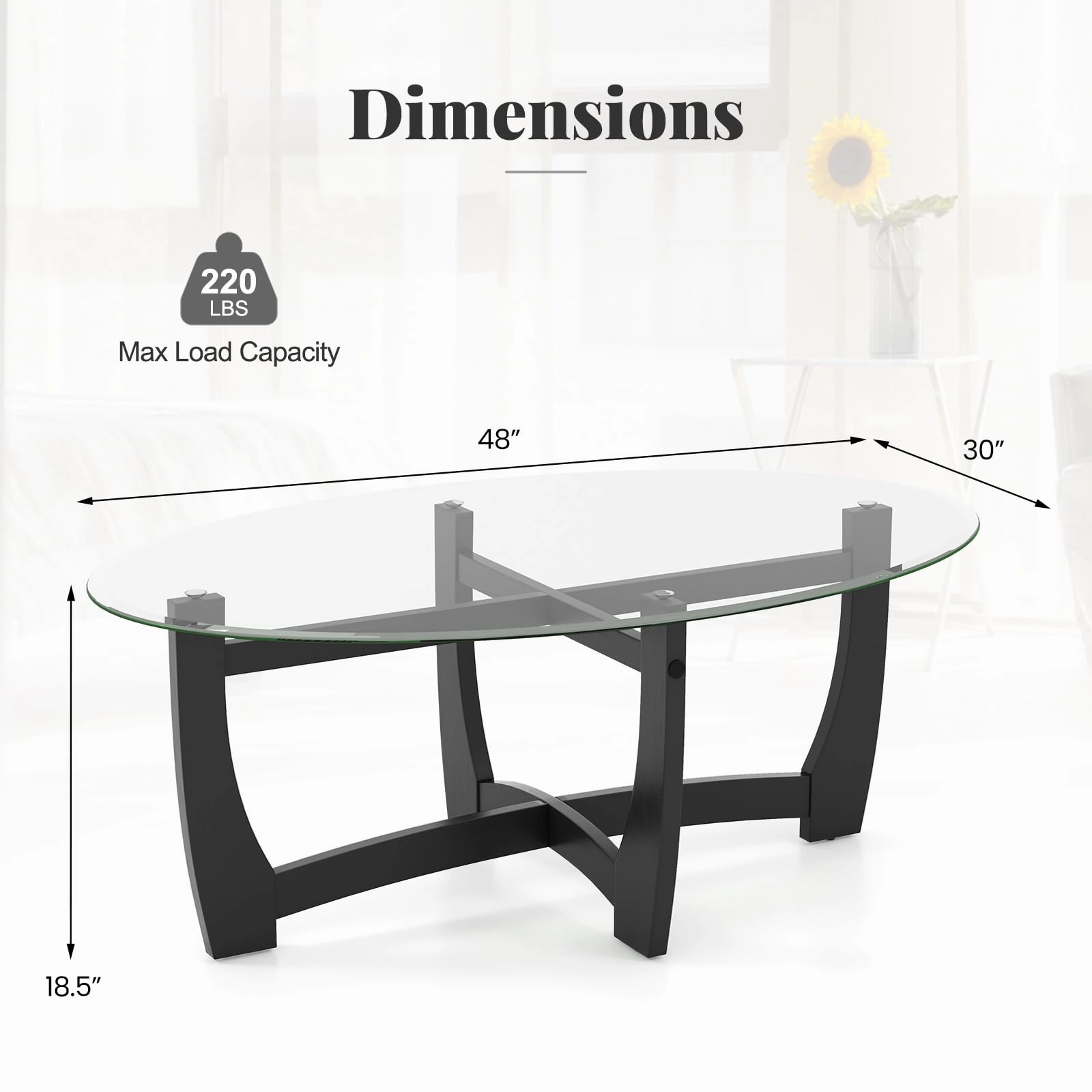 Giantex Glass Coffee Table, 48" Oval Accent Tea Table with Tempered Glass Top & Solid Wood Structure