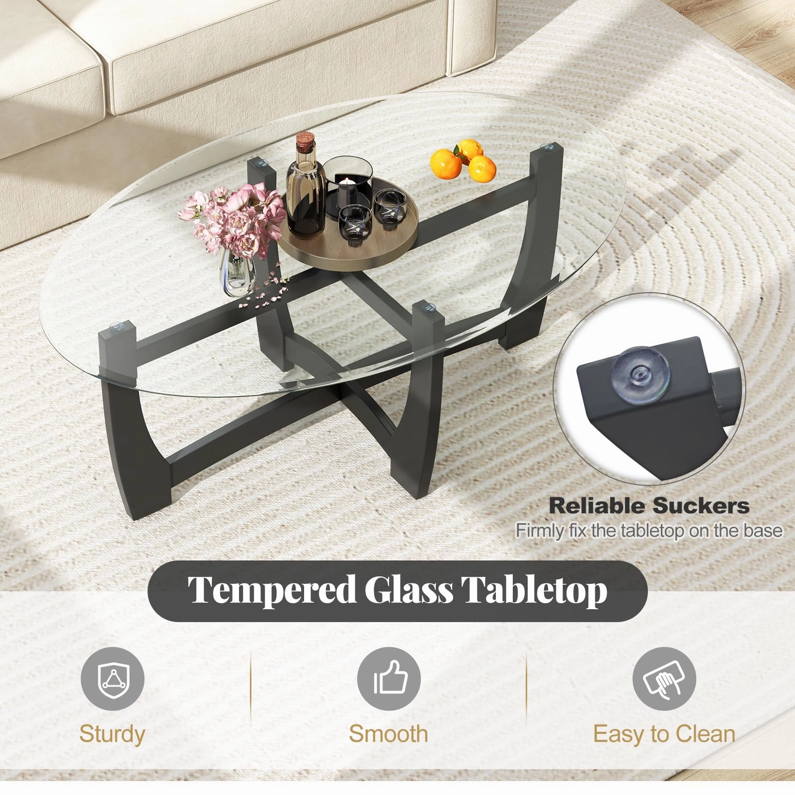 Giantex Glass Coffee Table, 48" Oval Accent Tea Table with Tempered Glass Top & Solid Wood Structure