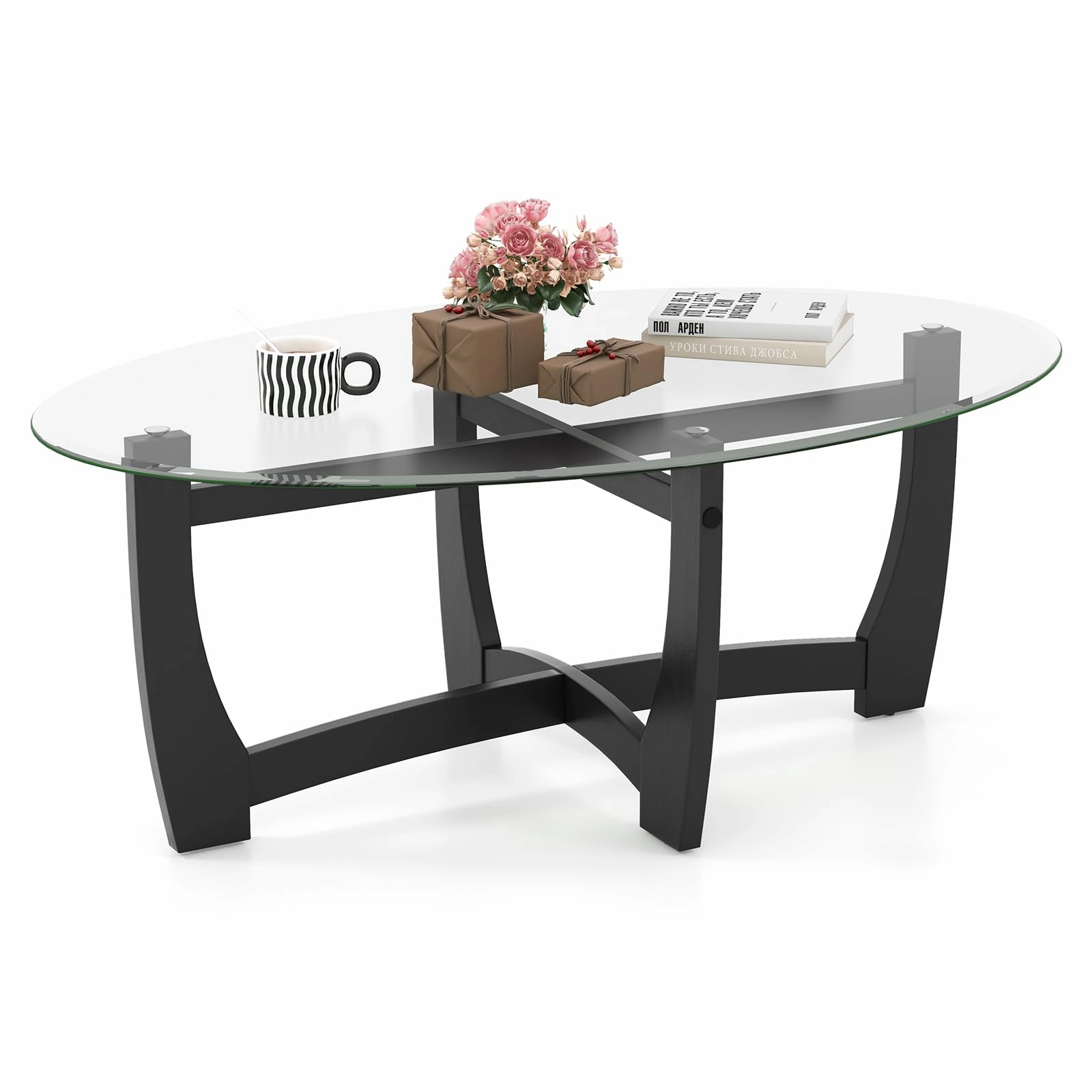 Giantex Glass Coffee Table, 48" Oval Accent Tea Table with Tempered Glass Top & Solid Wood Structure