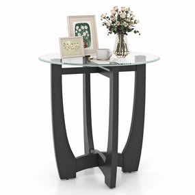 Giantex Glass End Table, Round Side Table with Rubber Wood Frame & Tempered Glass Top, 23.5" Small Black Coffee Table entry bench, mudroom storage