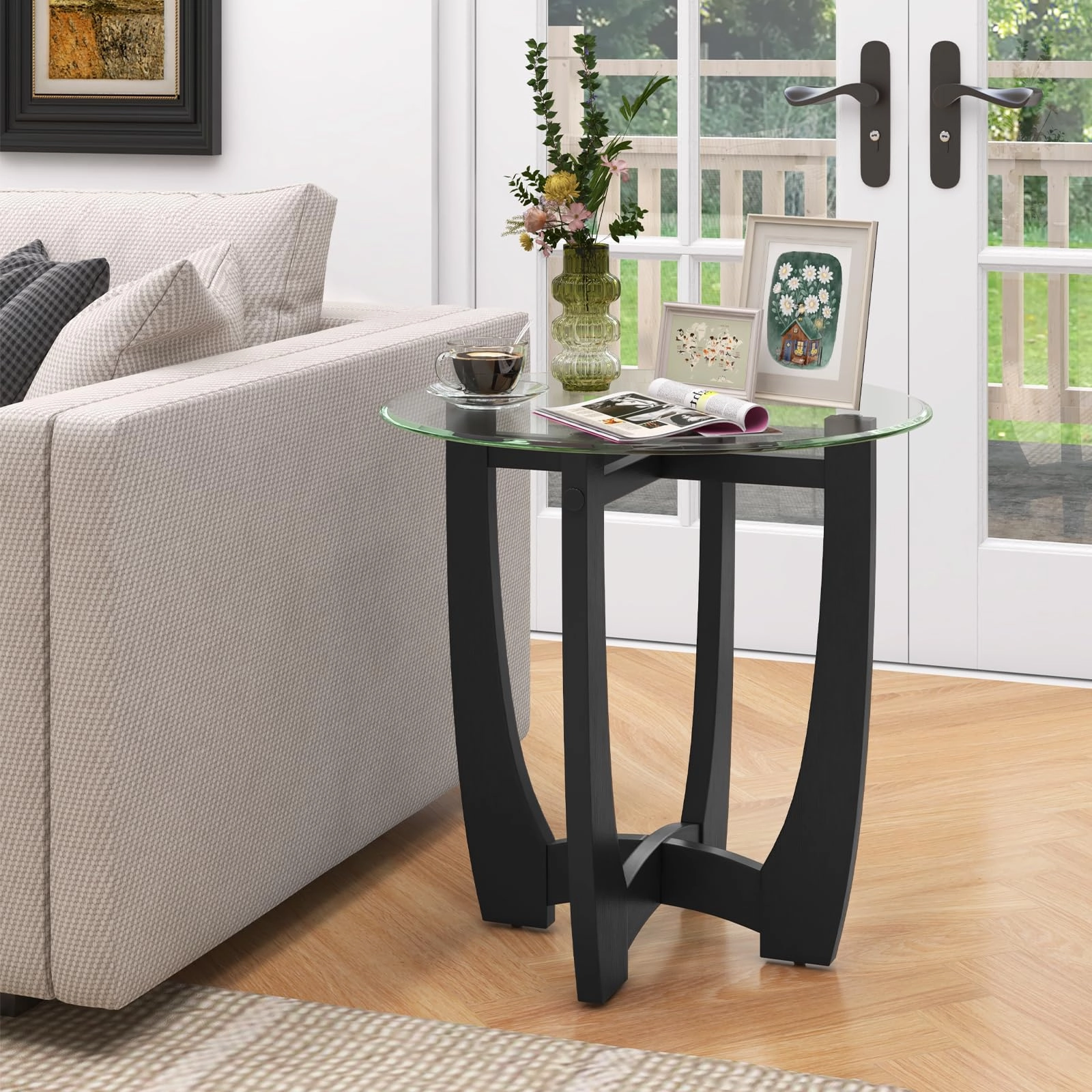 Giantex Glass End Table, Round Side Table with Rubber Wood Frame & Tempered Glass Top, 23.5" Small Black Coffee Table