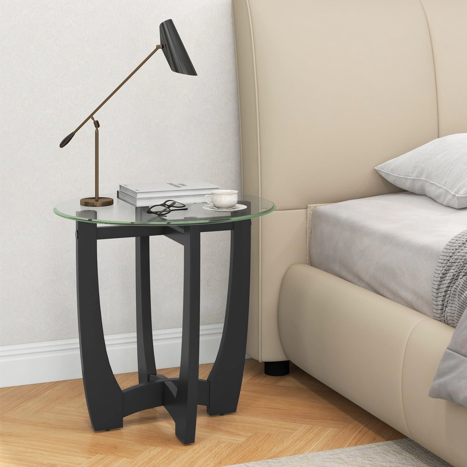 Giantex Glass End Table, Round Side Table with Rubber Wood Frame & Tempered Glass Top, 23.5" Small Black Coffee Table