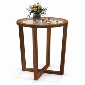 Giantex Glass Round End Table, Sofa Side Table with Transparent Tempered Glass Top throw pillow, fuzzy blanket