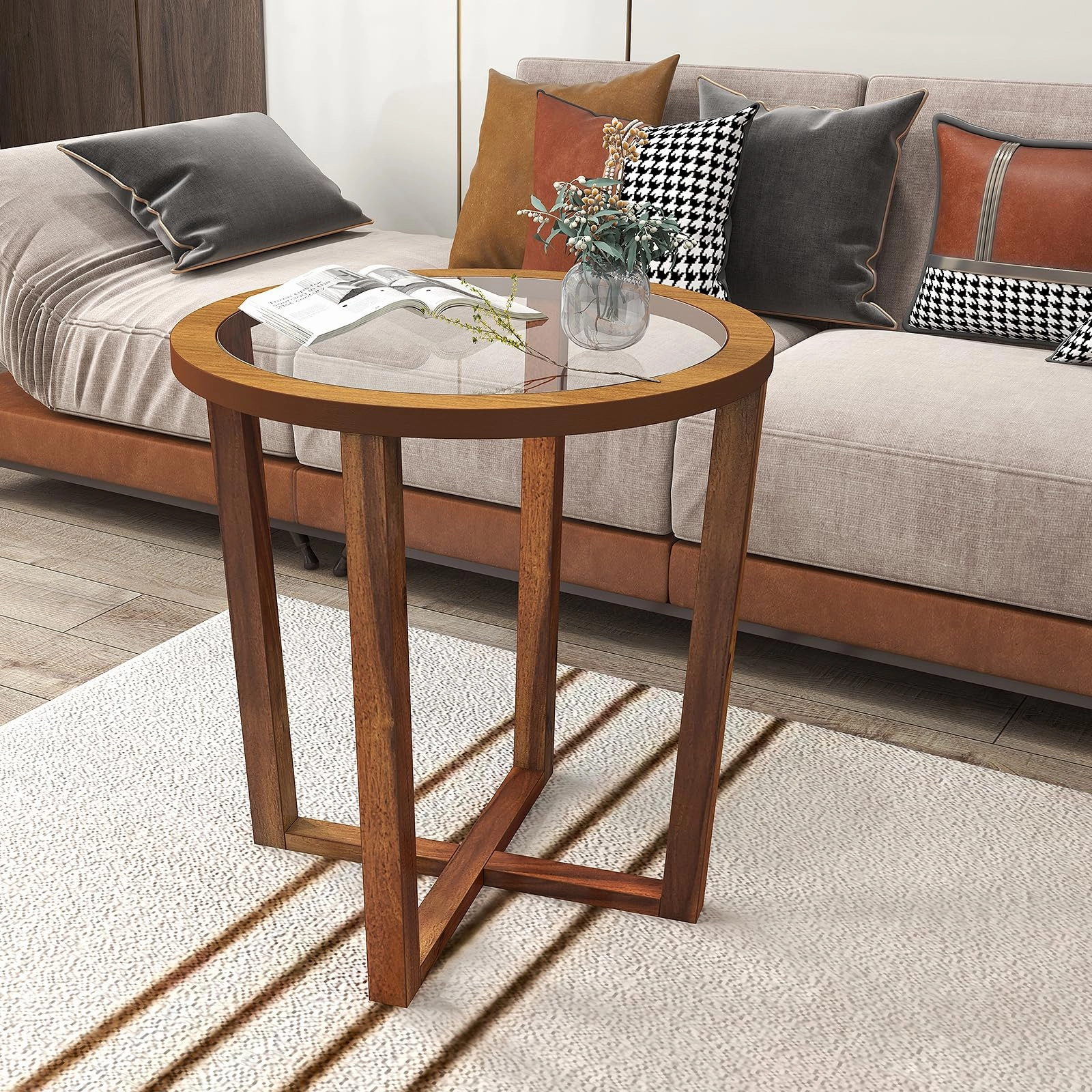 Giantex Glass Round End Table, Sofa Side Table with Transparent Tempered Glass Top