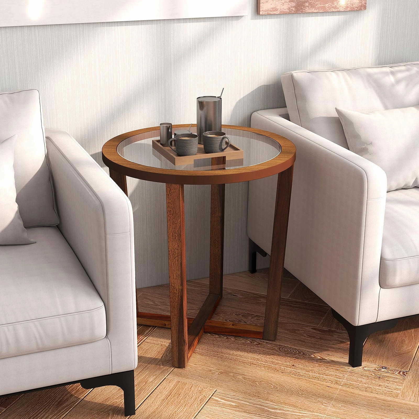Giantex Glass Round End Table, Sofa Side Table with Transparent Tempered Glass Top