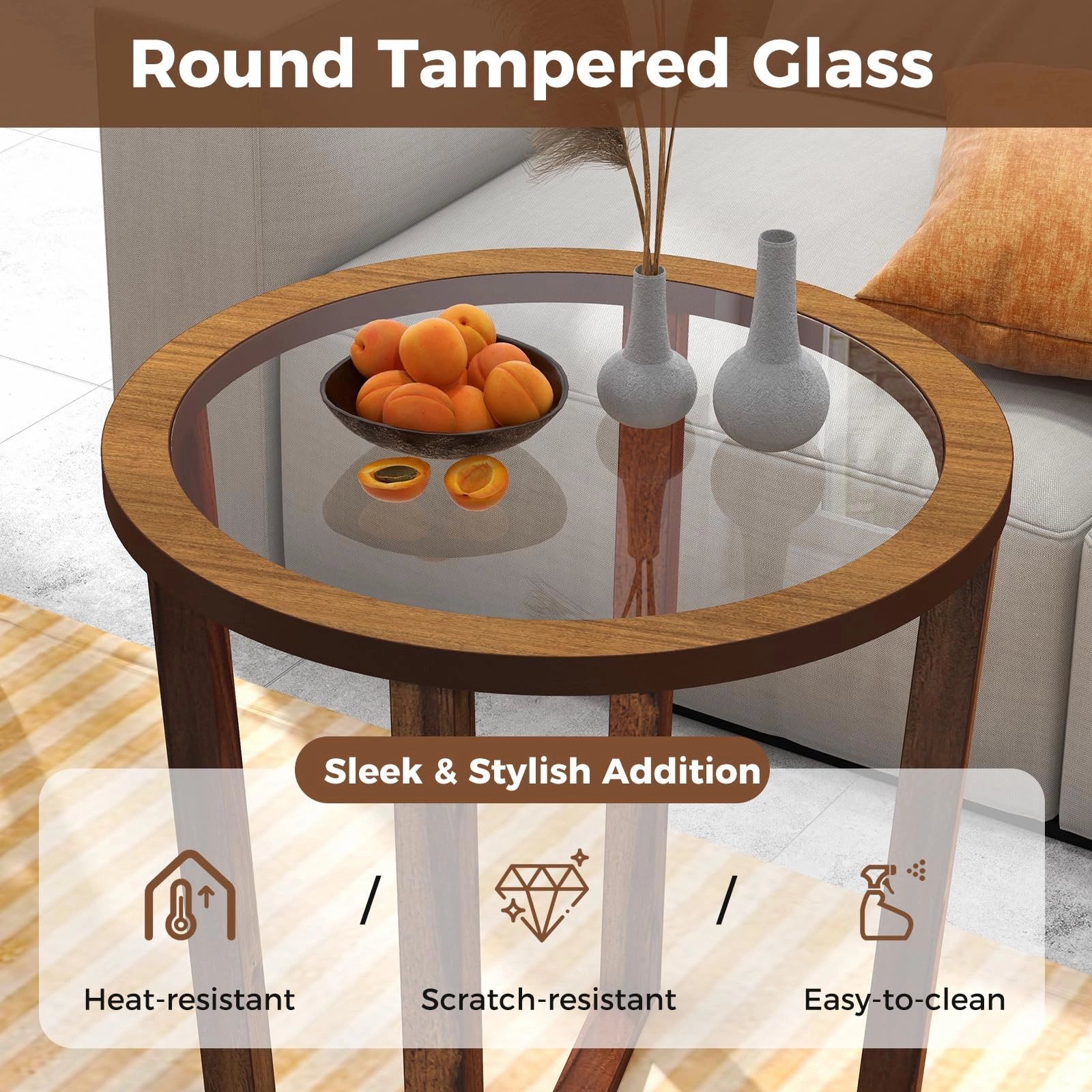 Giantex Glass Round End Table, Sofa Side Table with Transparent Tempered Glass Top