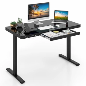 Giantex Glass Standing Desk with Drawer, 48" x 24" Height Adjustable Electric Stand Up Desk outdoor dining set, patio table