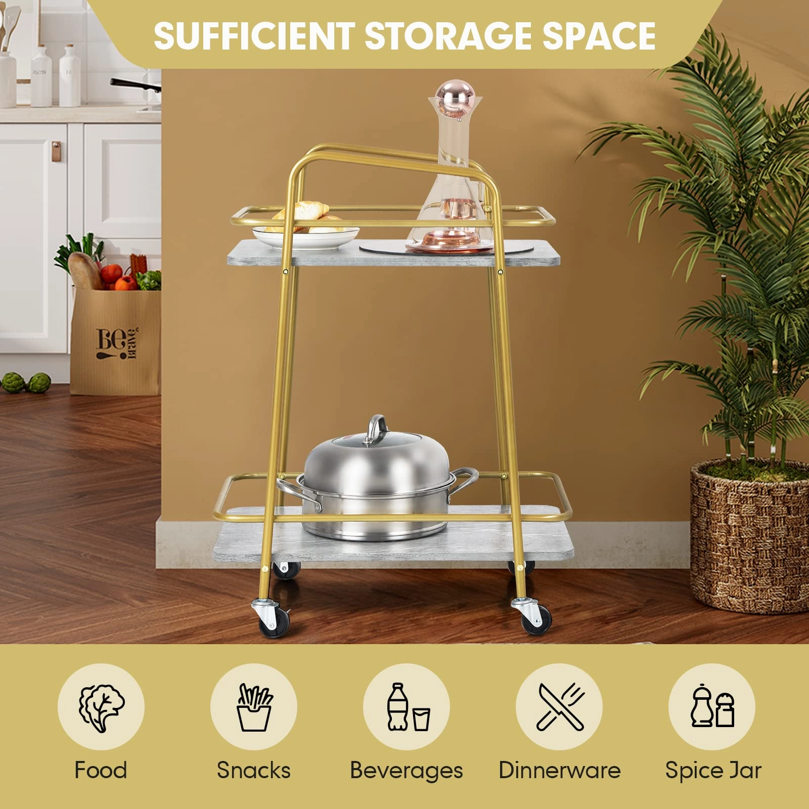 Giantex Gold Bar Cart, Island Service Cart, 2 Tier Storage Shelves with Guardrail for Dining Room Wine Coffee Bar