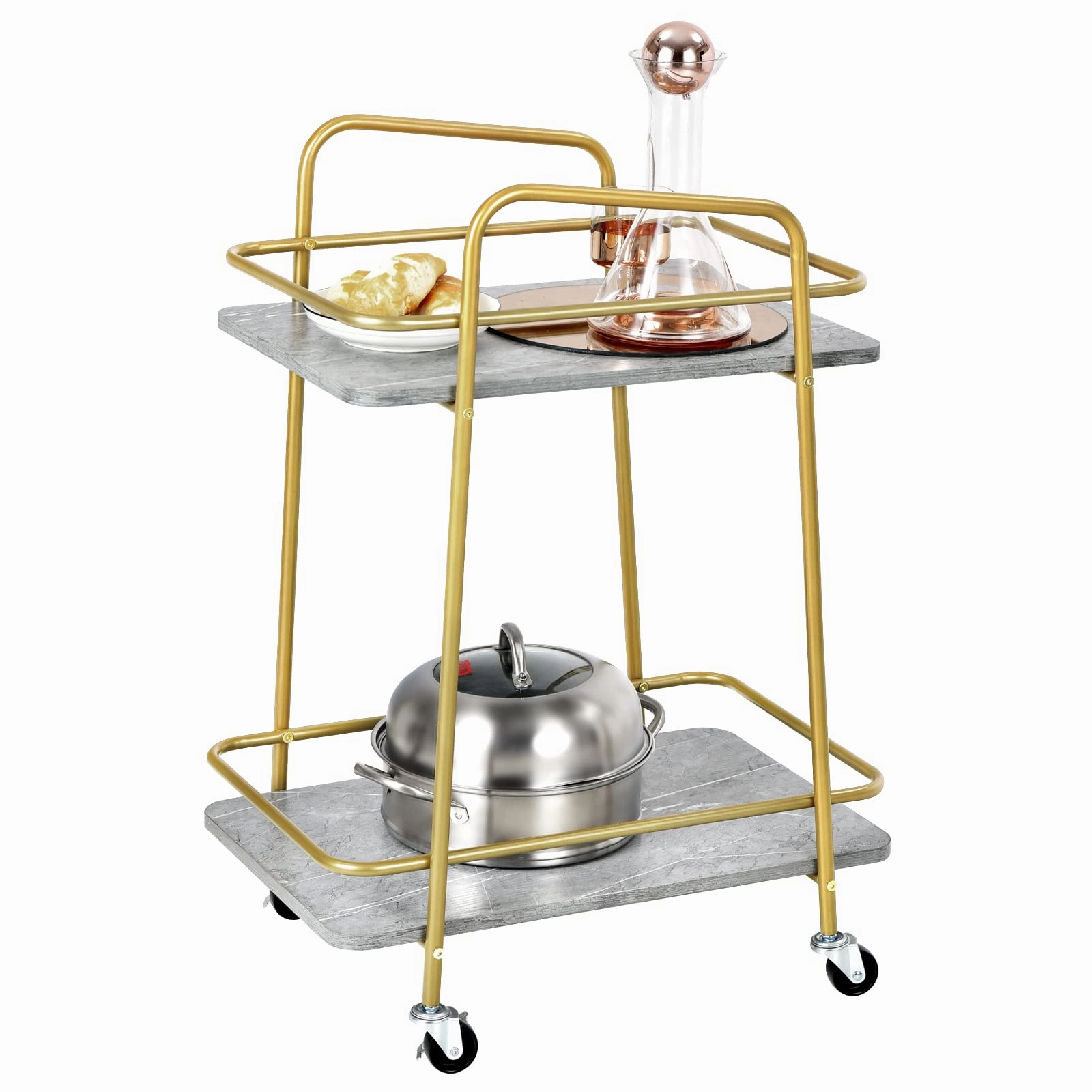 Giantex Gold Bar Cart, Island Service Cart, 2 Tier Storage Shelves with Guardrail for Dining Room Wine Coffee Bar