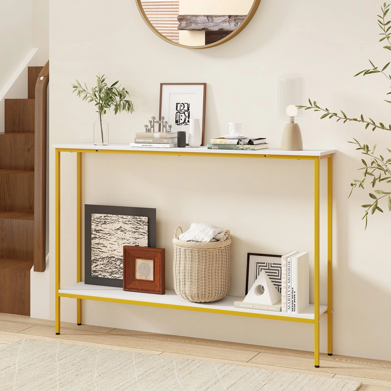 Giantex Gold Console Table with Shelf, 44" Narrow Entryway Table w/Dual Anti-Tipping Kits & Golden Metal Frame