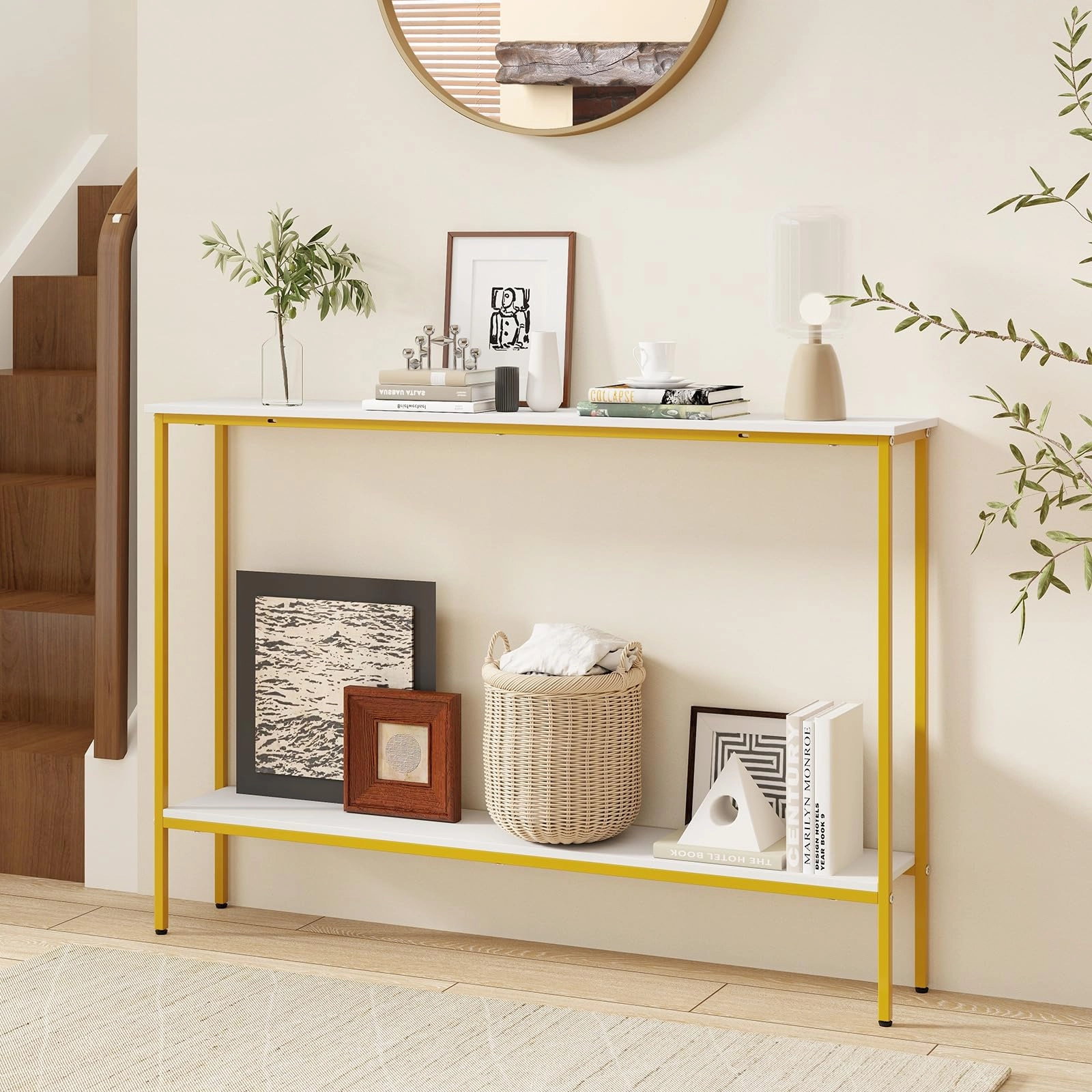 Giantex Gold Console Table with Shelf, 44" Narrow Entryway Table w/Dual Anti-Tipping Kits & Golden Metal Frame