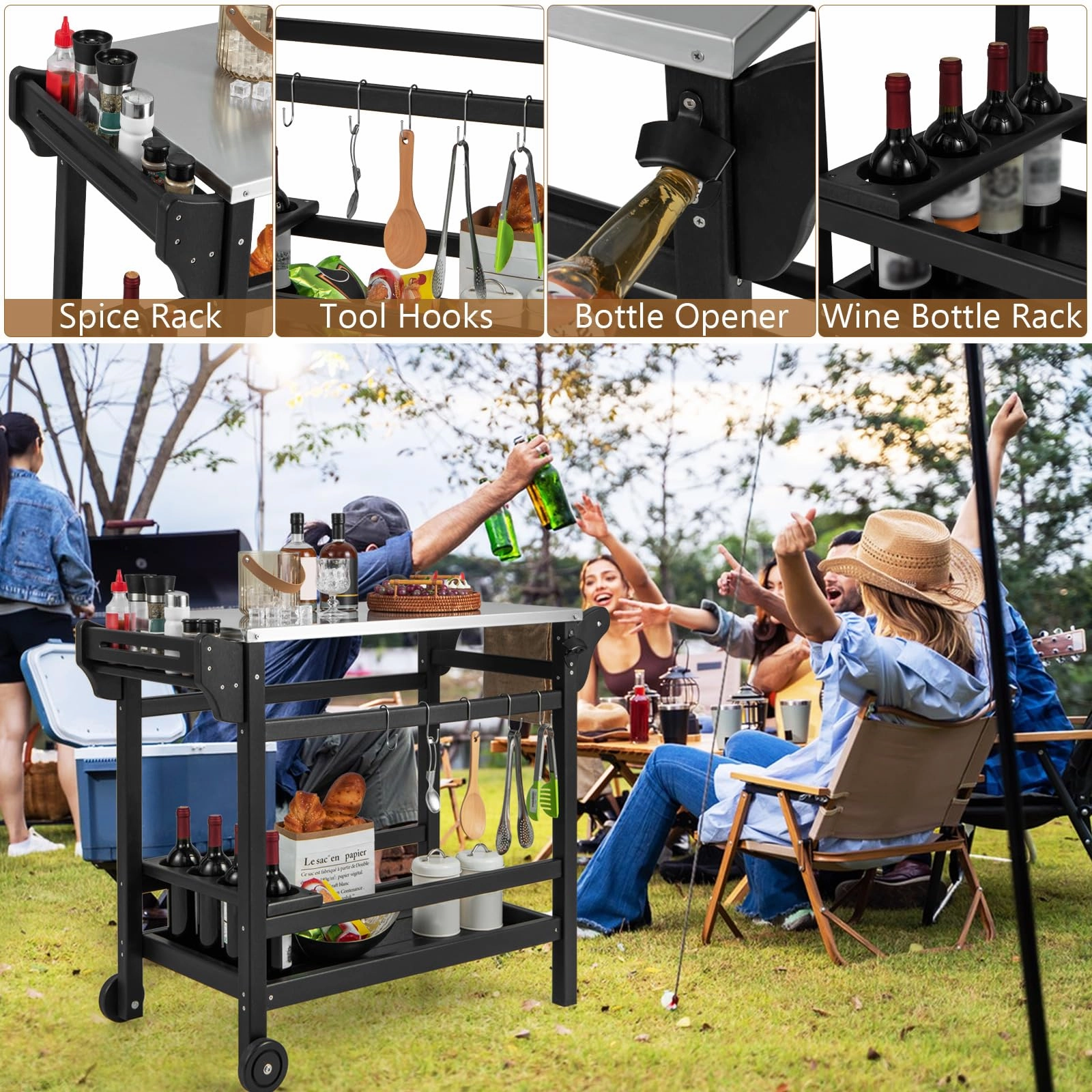 Giantex Grill Cart Pizza Oven Stand, HDPE Outdoor Prep Table, Stainless Steel Top, Storage Shelf