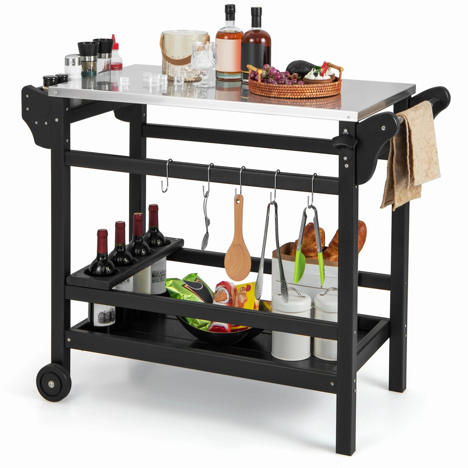 Giantex Grill Cart Pizza Oven Stand, HDPE Outdoor Prep Table, Stainless Steel Top, Storage Shelf kitchen towel, placemats