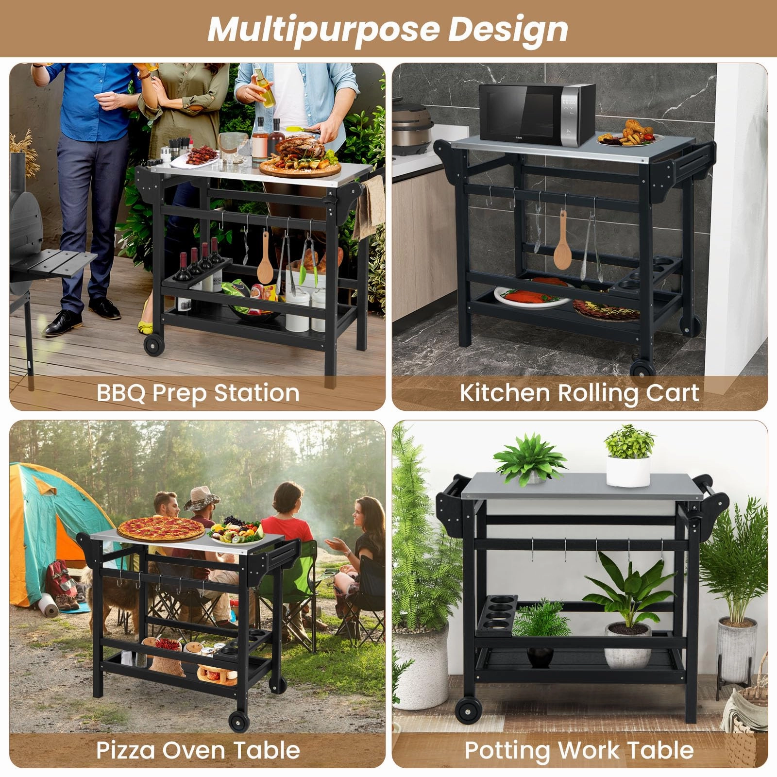Giantex Grill Cart Pizza Oven Stand, HDPE Outdoor Prep Table, Stainless Steel Top, Storage Shelf