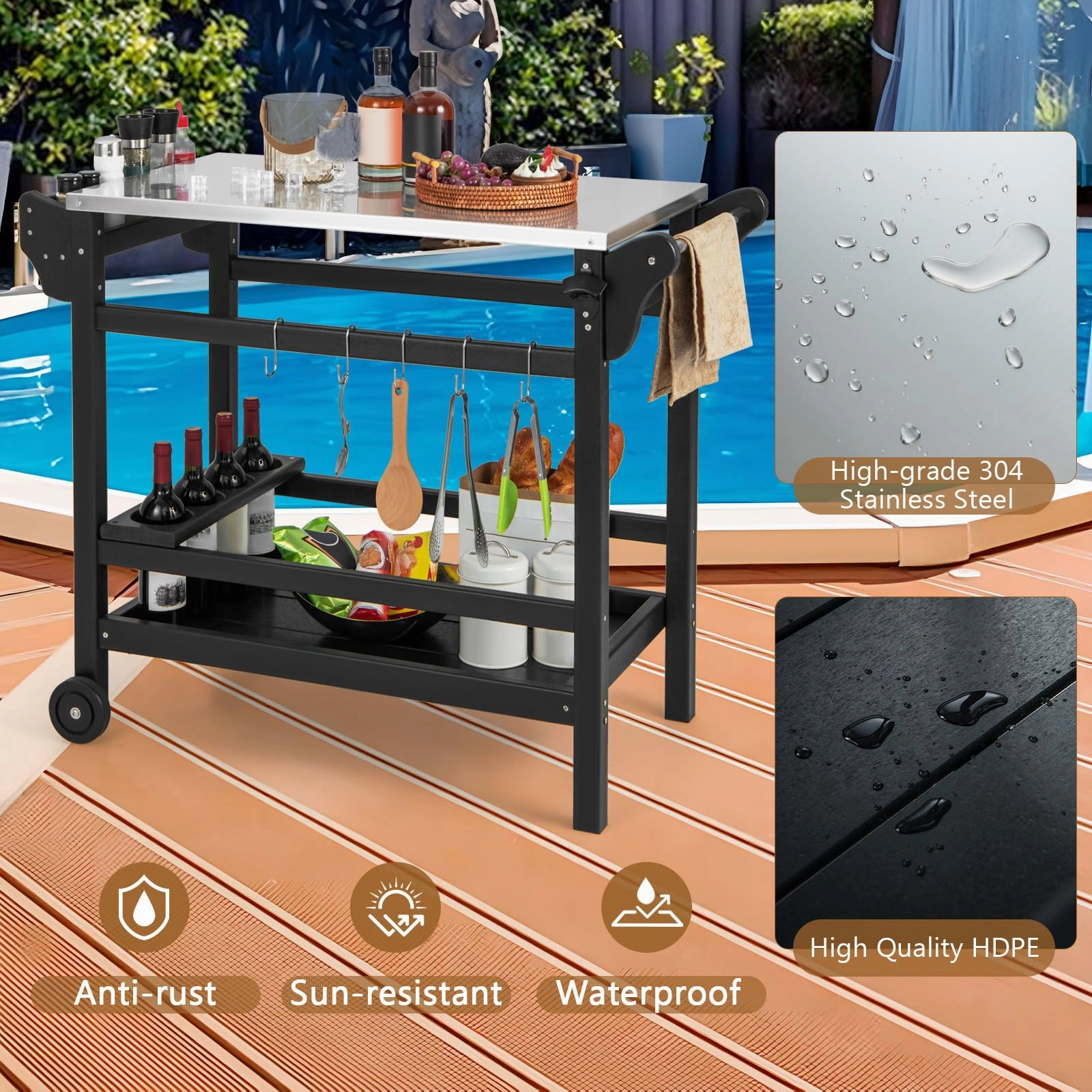 Giantex Grill Cart Pizza Oven Stand, HDPE Outdoor Prep Table, Stainless Steel Top, Storage Shelf