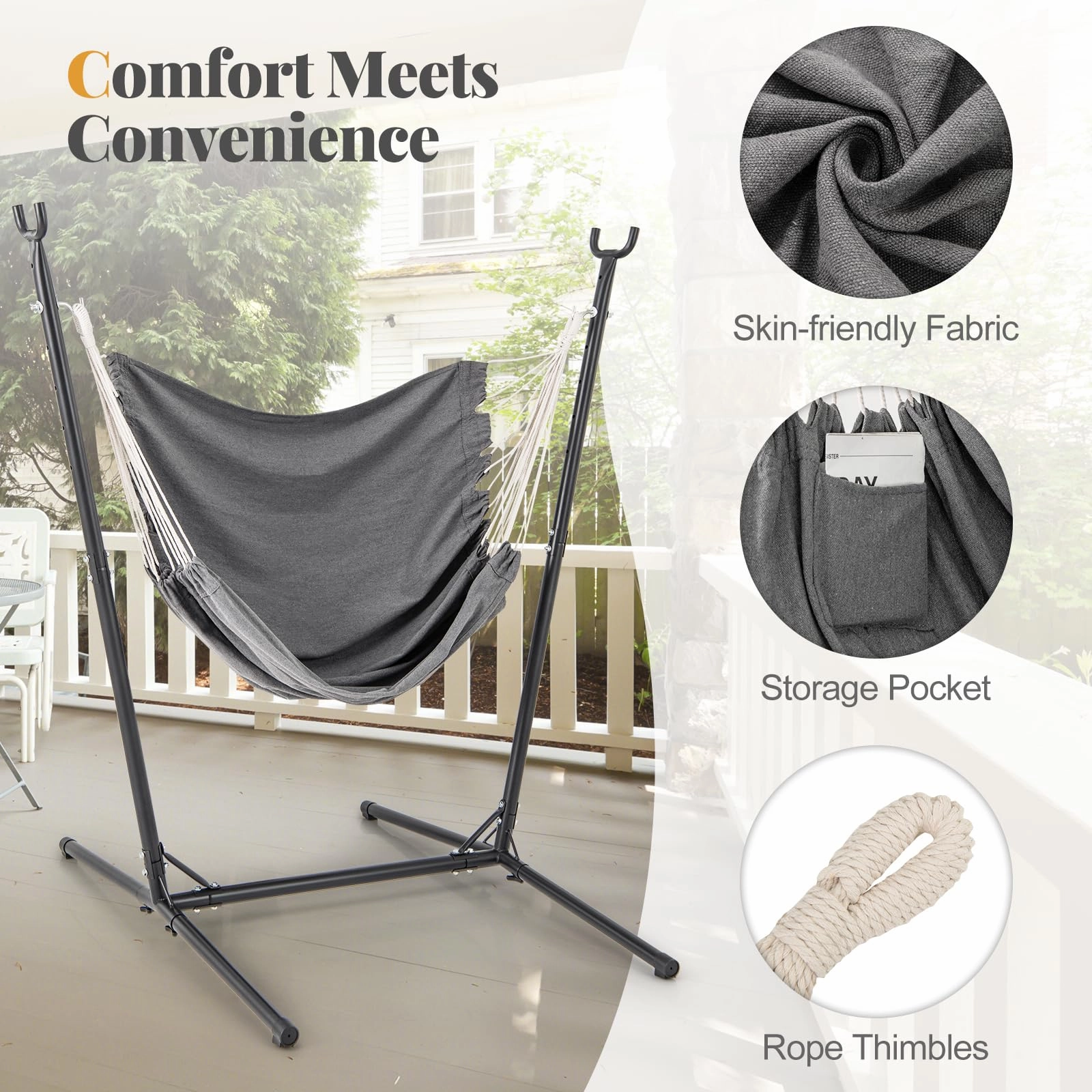 Giantex Hammock Chair with H-Shaped Stand - Heavy Duty Swing Chair with 6-Position Adjustable Height and Side Pocket