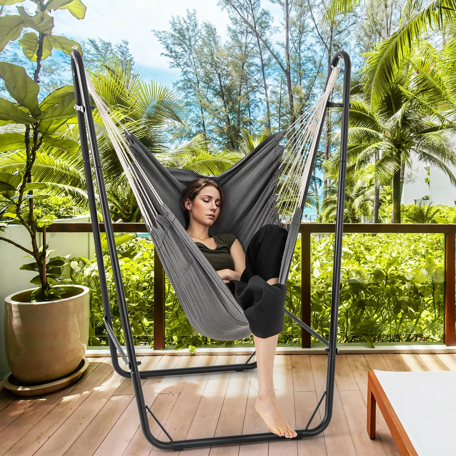 Giantex Hammock Chair with Stand - Swing Chair with Heavy Duty Metal Frame, Storage Side Pocket, Grey
