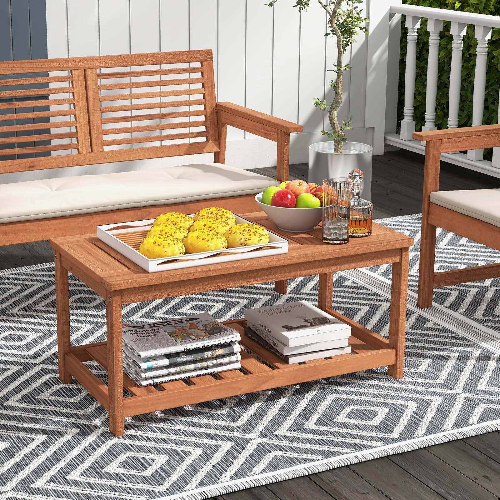 Giantex Hardwood Patio Coffee Table - 2-Tier Wooden Coffee Table