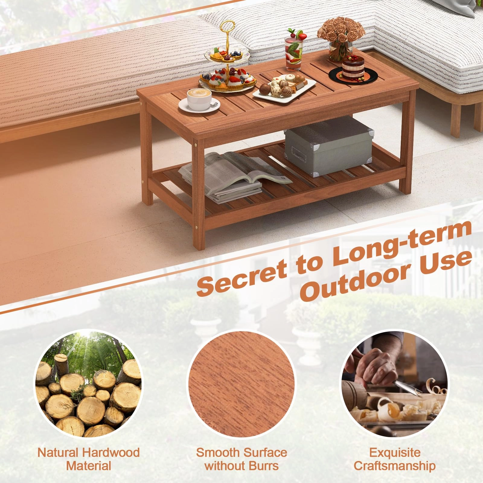 Giantex Hardwood Patio Coffee Table - 2-Tier Wooden Coffee Table