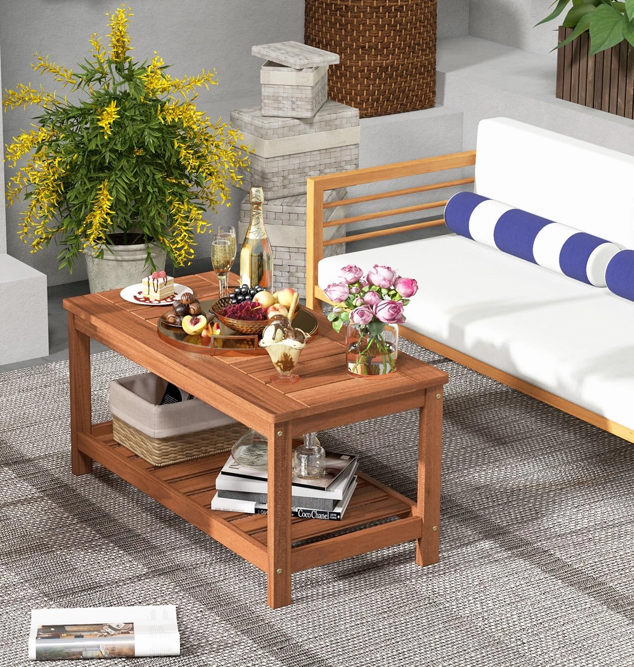 Giantex Hardwood Patio Coffee Table - 2-Tier Wooden Coffee Table