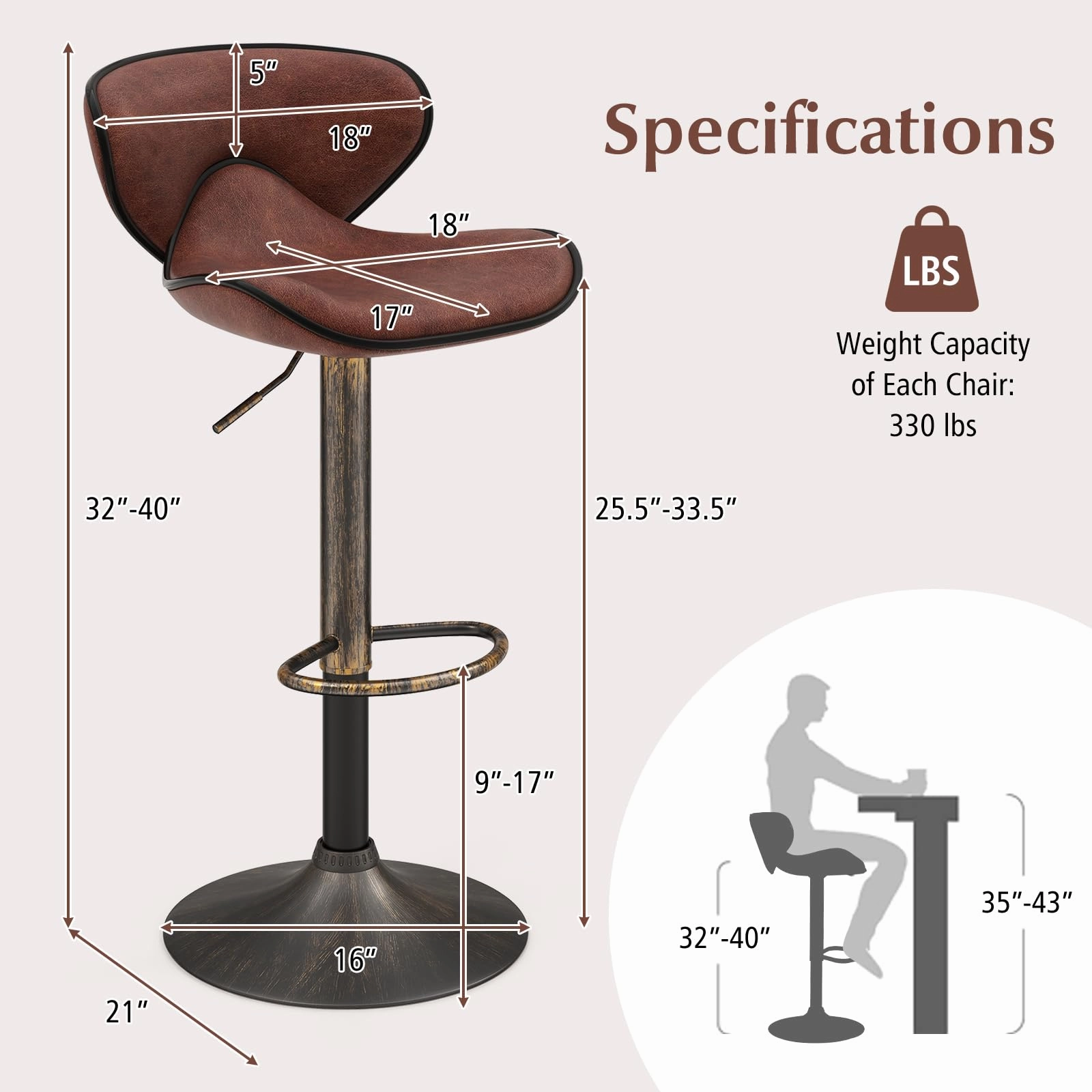 Giantex Height Adjustable Bar Stools, Upholstered Swivel Barstools w/Back