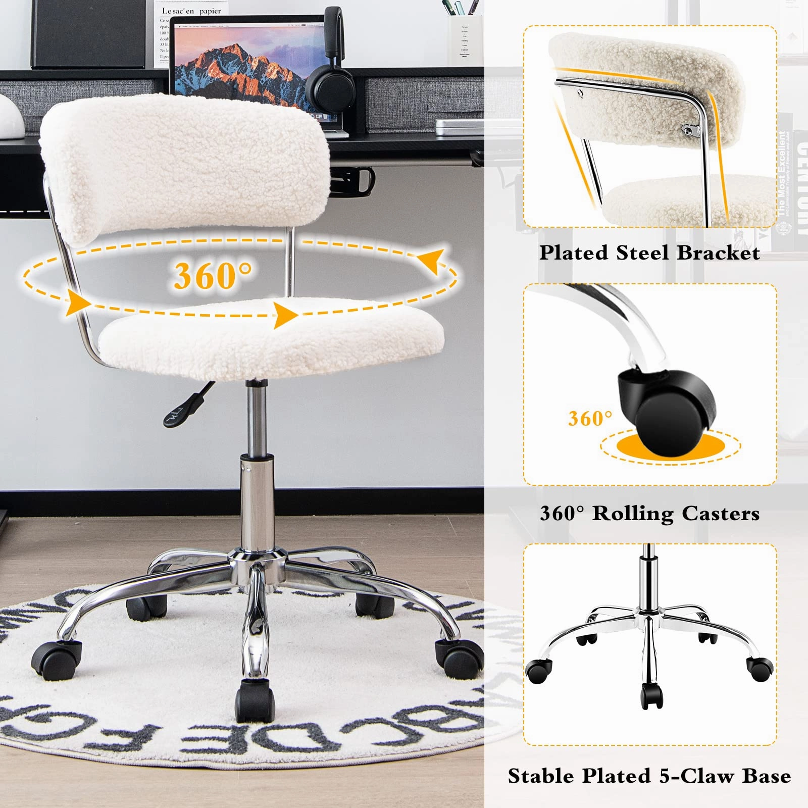 Giantex Home Office Chair, Faux Fur Low Back Swivel Leisure Chair w/Height Adjustable Padded Seat