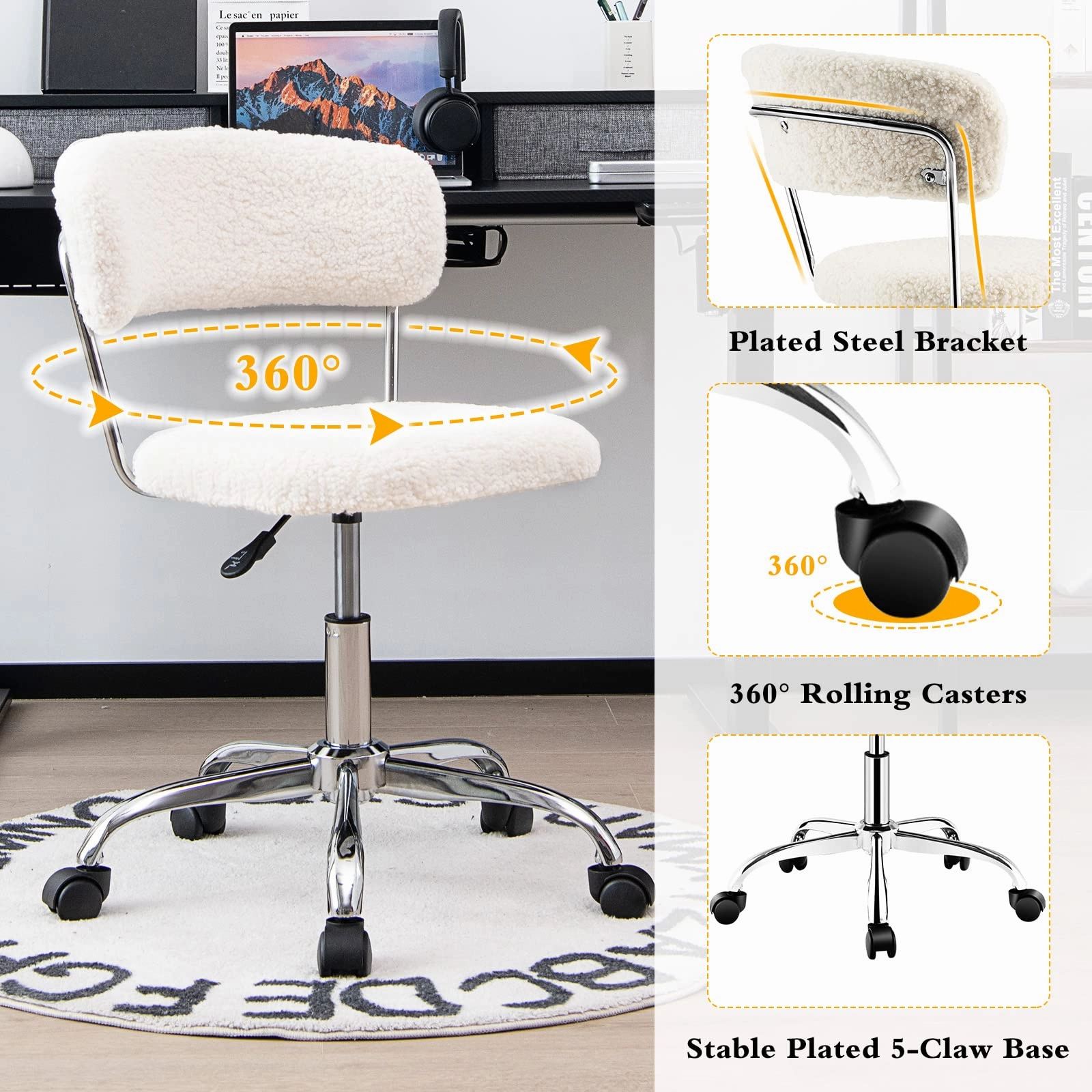 Giantex Home Office Chair, Faux Fur Low Back Swivel Leisure Chair w/Height Adjustable Padded Seat