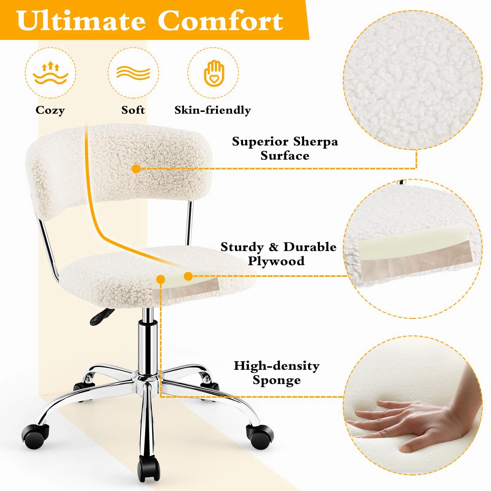 Giantex Home Office Chair, Faux Fur Low Back Swivel Leisure Chair w/Height Adjustable Padded Seat