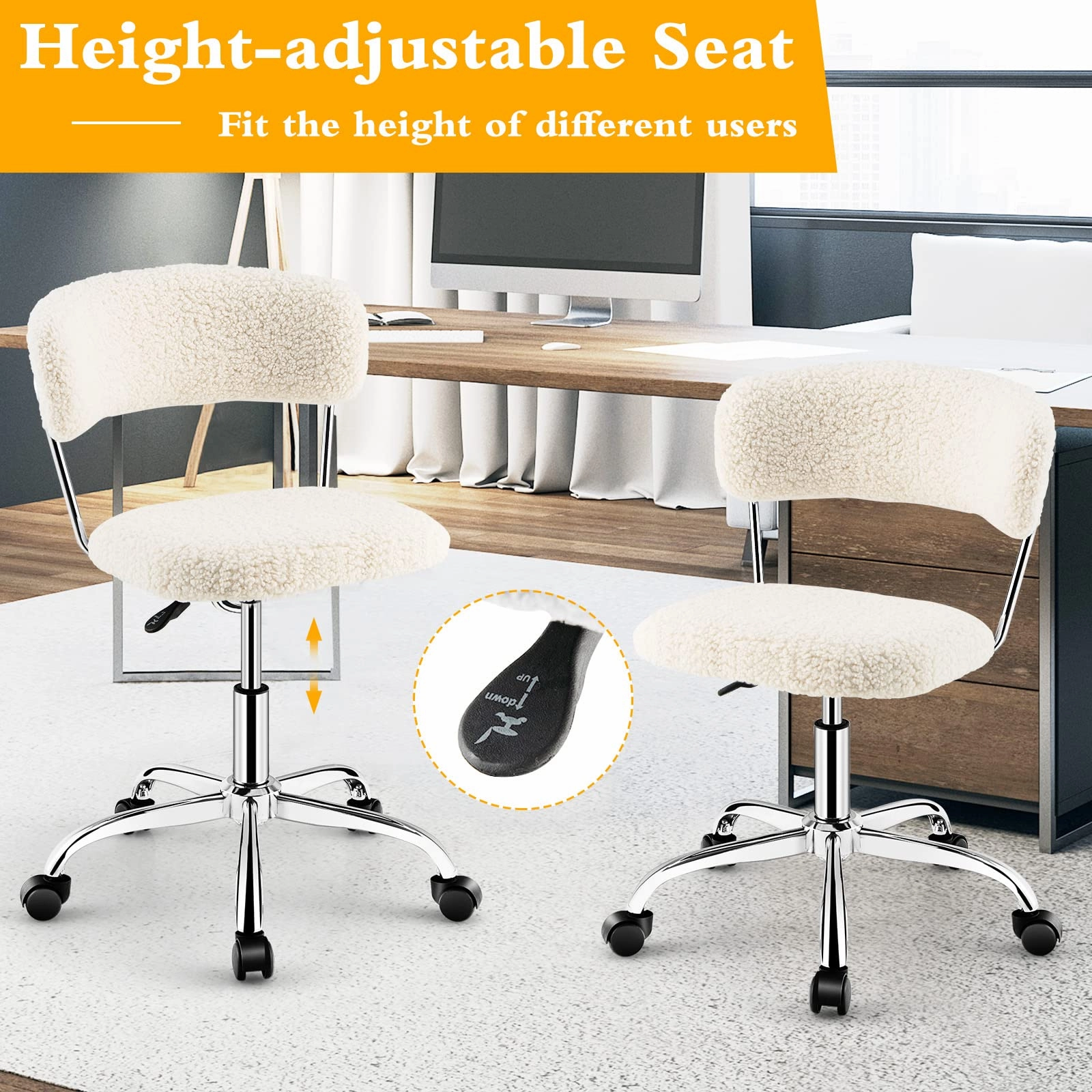 Giantex Home Office Chair, Faux Fur Low Back Swivel Leisure Chair w/Height Adjustable Padded Seat