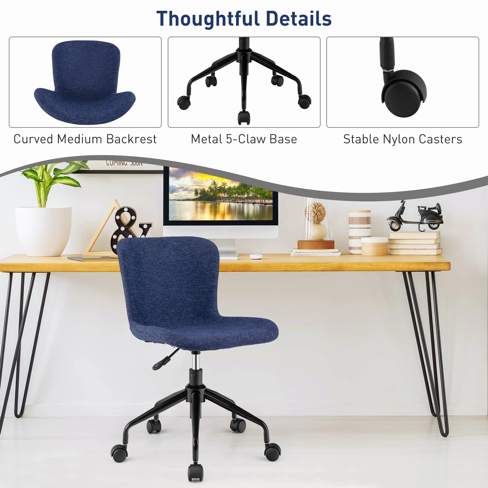 Giantex Home Office Chair with Wheels, Mid-Back Swivel Computer Chair Rolling Adjustable Linen Leisure Chair