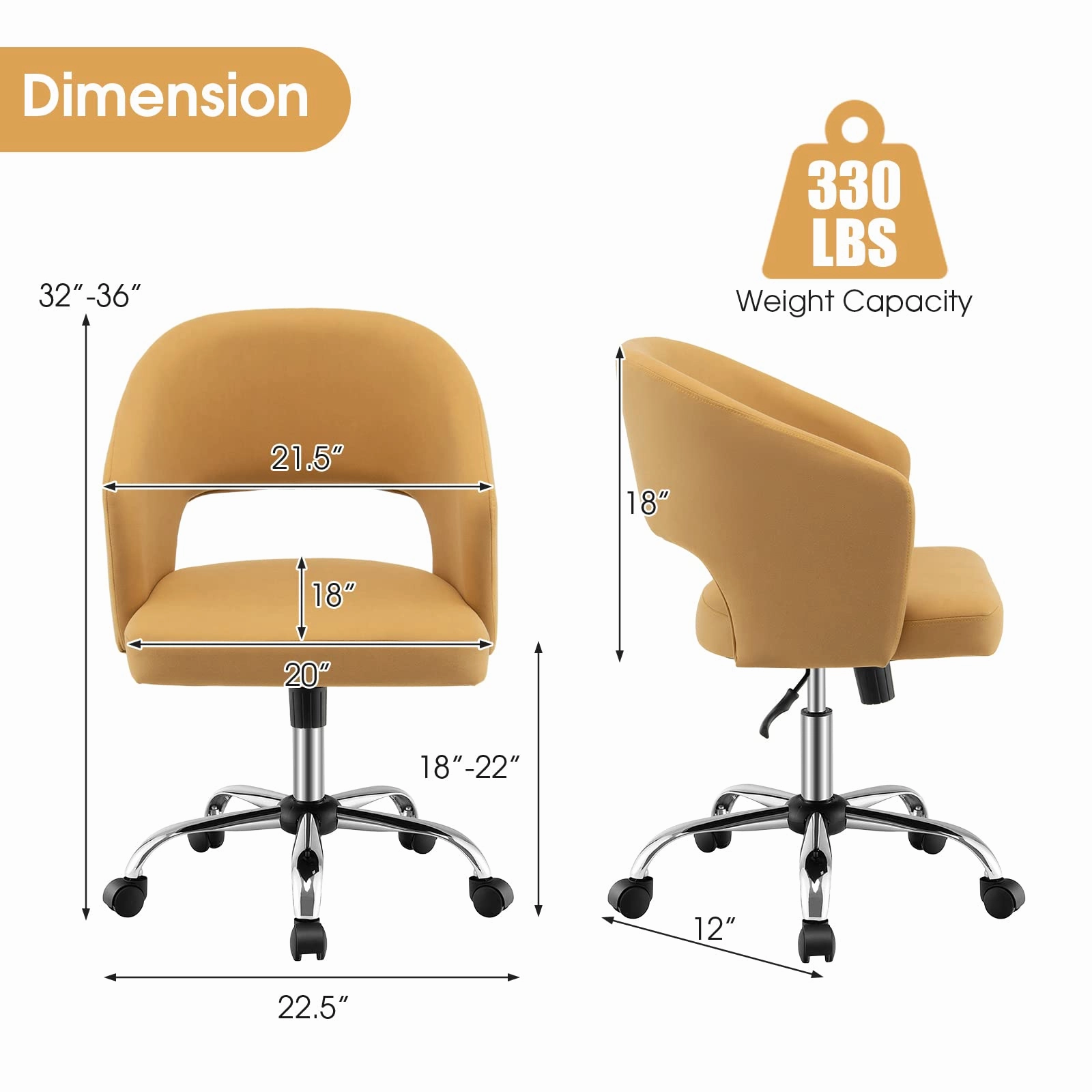 Giantex Home Office Desk Chair, Mid Back Swivel Chair with Hollow Design & Height Adjustable (Yellow)