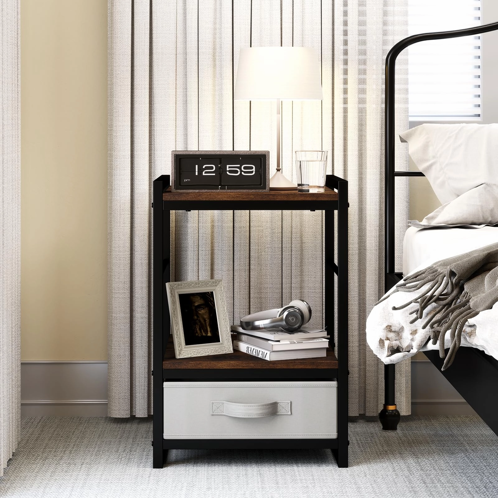 Giantex Industrial Nightstand with Storage Drawer for Bedroom