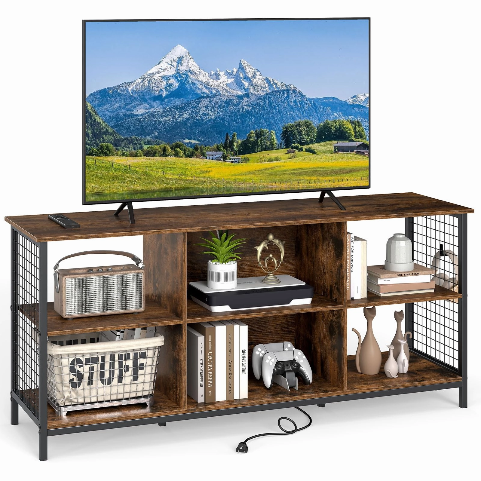 Giantex Industrial TV Stand for TVs up to 65 Inch throw pillow, fuzzy blanket