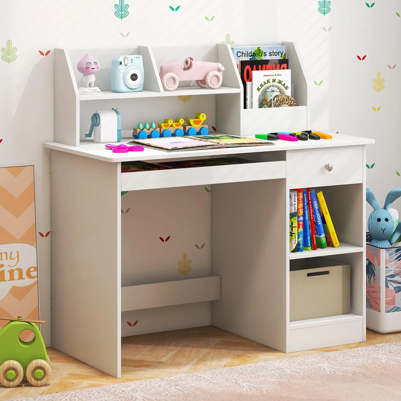 Giantex Kids Study Desk, Children Wooden Writing Table with Hutch
