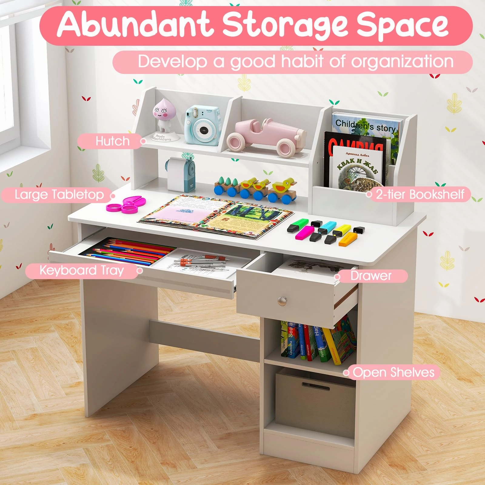 Giantex Kids Study Desk, Children Wooden Writing Table with Hutch