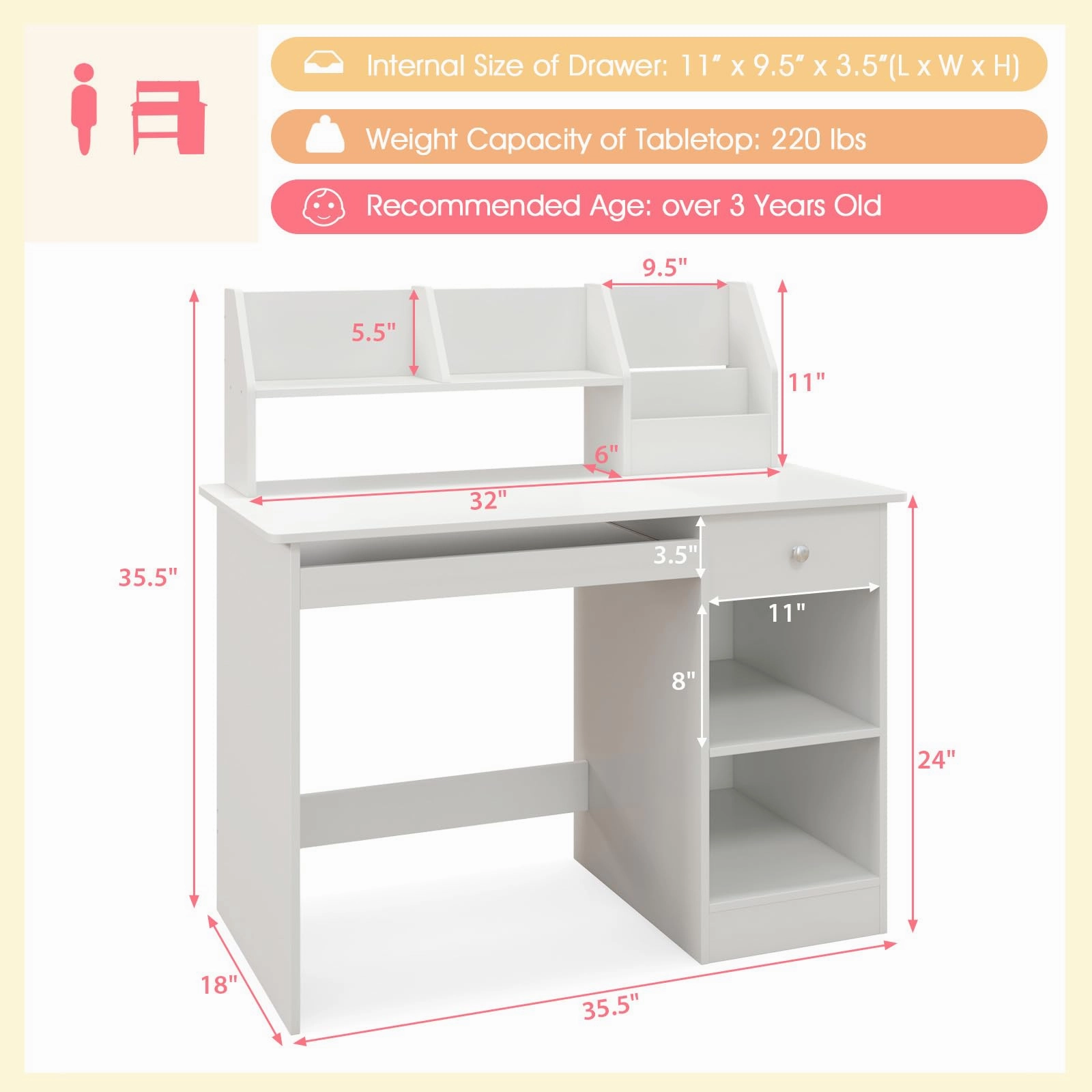 Giantex Kids Study Desk, Children Wooden Writing Table with Hutch
