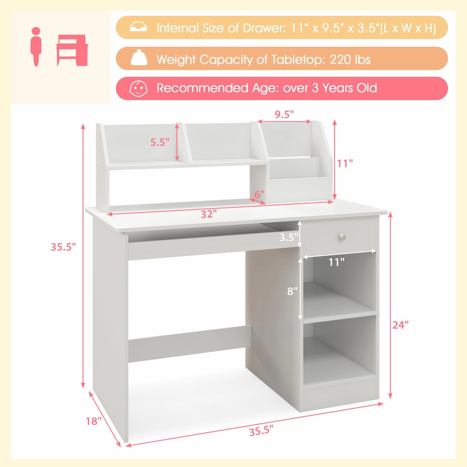 Giantex Kids Study Desk, Children Wooden Writing Table with Hutch