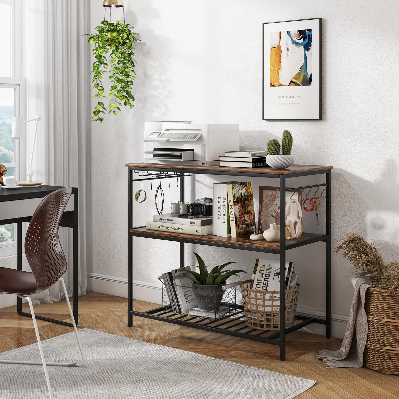 Giantex Kitchen Baker Rack with 3 Tier Storage Shelves, 10 Hooks, Glass Holder, 40" Stationary Island with Spacious Worktop