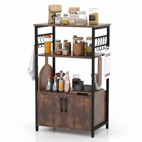 Giantex Kitchen Bakers Rack with Storage, 3-Tier Industrial Microwave Stand with Open Shelves and 10 Removable S-Shaped Hooks kitchen towel, placemats