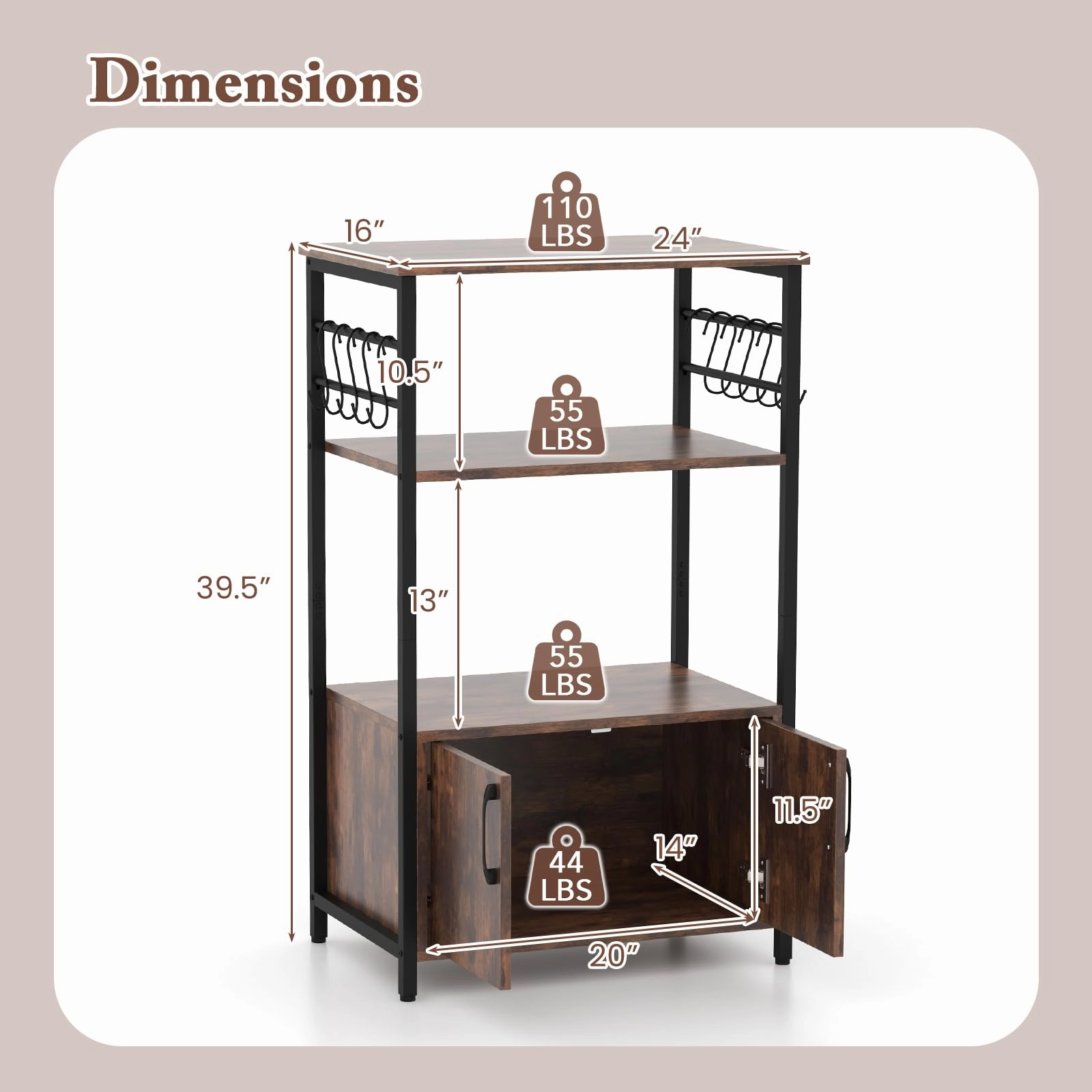 Giantex Kitchen Bakers Rack with Storage, 3-Tier Industrial Microwave Stand with Open Shelves and 10 Removable S-Shaped Hooks