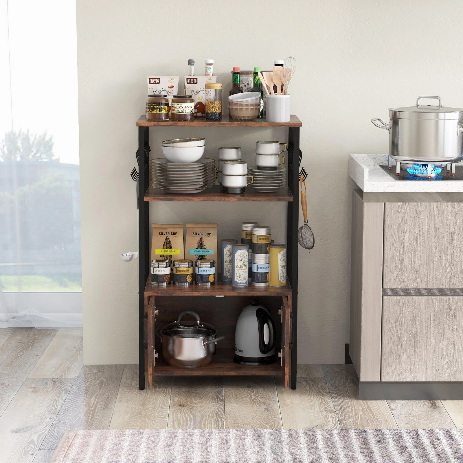 Giantex Kitchen Bakers Rack with Storage, 3-Tier Industrial Microwave Stand with Open Shelves and 10 Removable S-Shaped Hooks