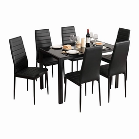 Giantex Kitchen Dining Table Set, Glass Tabletop Dining Room Set with Leather Padded 6 Chairs, Black kitchen towel, placemats
